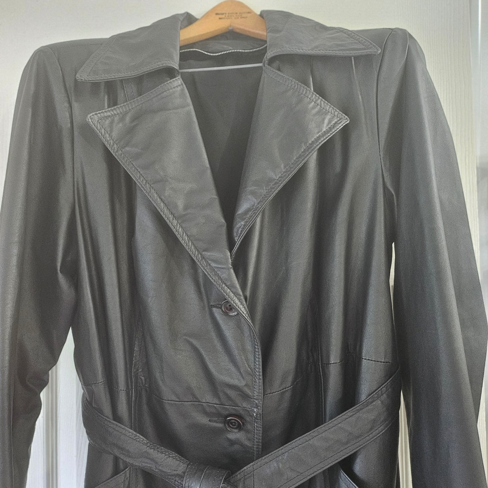 Leather Shop Black Leather Trench Coat Belted Long Jacket Womens L Vintage Style